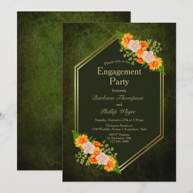 Orange Floral Moss Green Engagement Party Invitation (Front/Back)