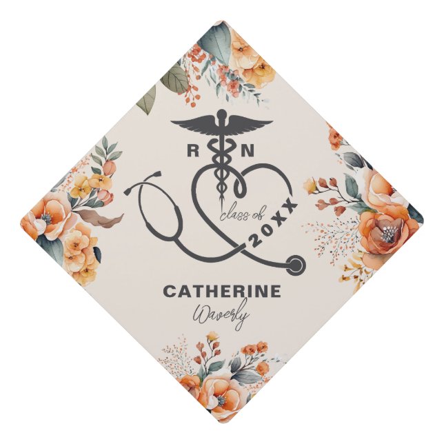Orange Floral Nursing School Graduation Cap Topper (Front)