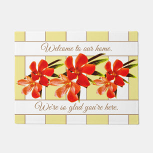Orange Floral Oleander Personalized Welcome Doormat