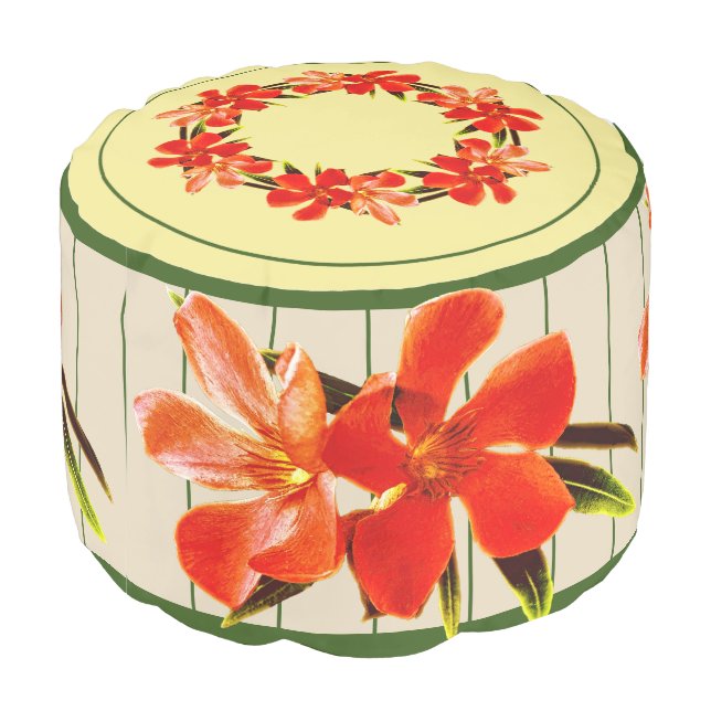 Orange Floral | Oleander Round Pouf (Angled Back)