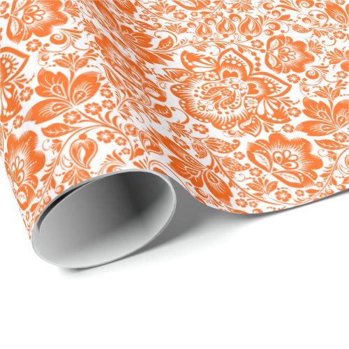 Orange Floral Pattern Custom Background Wrapping Paper