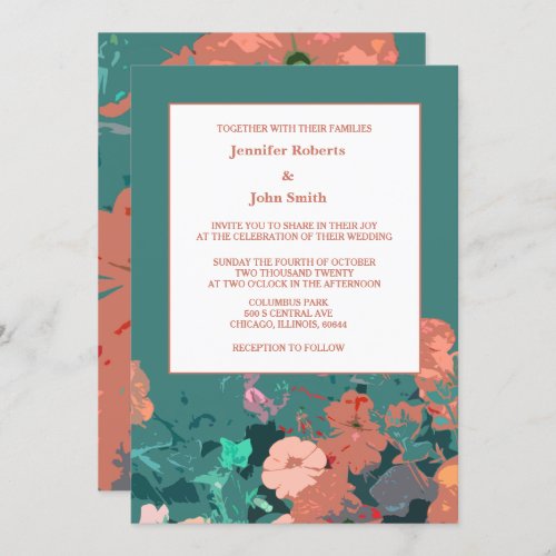 Orange Floral Peach Flowers Green Leaf Art Wedding Invitation