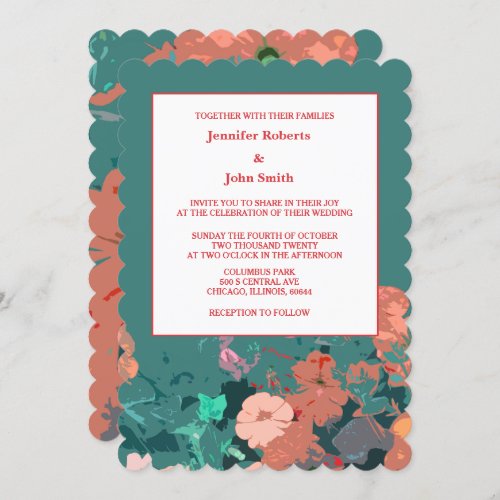 Orange Floral Peach Green Flowers Leaf Art Wedding Invitation