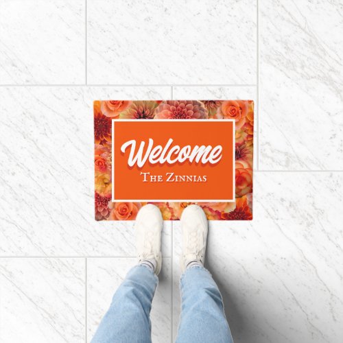 Orange Floral Personalized Entry Way Welcome Doormat