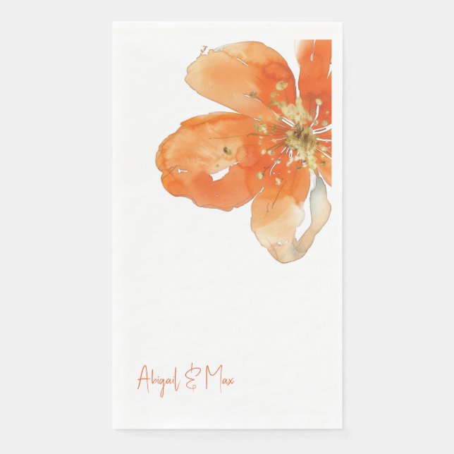 Orange Floral Personalized Wedding  Paper Guest Towels (Front)