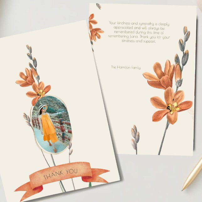 Orange Floral Photo Funeral Sympathy Thank You Invitation (Creator Uploaded)