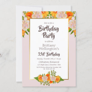 Orange Floral Pink 21st Birthday Party Invitation