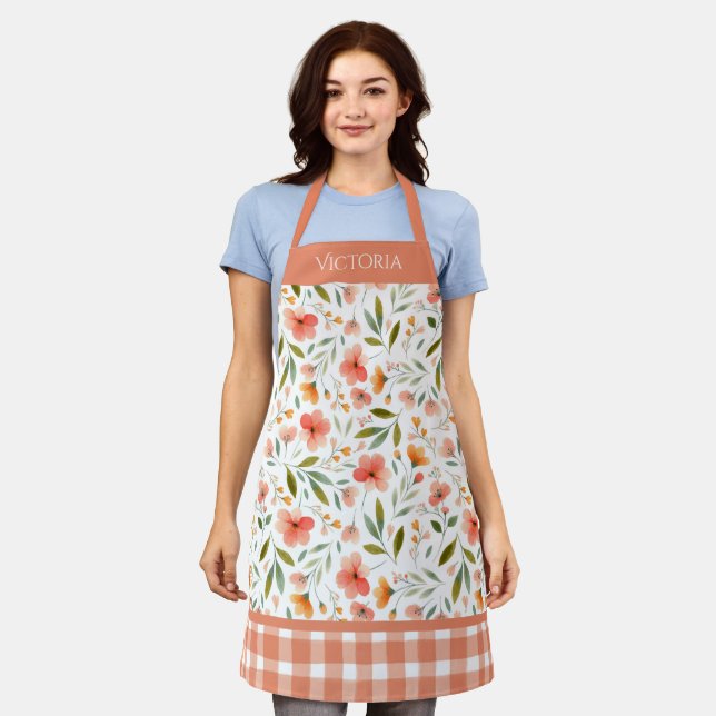 Orange Floral Plaid Watercolor Modern Personalized Apron (Worn)