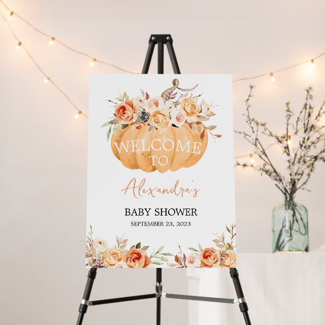Orange Floral Pumpkin Baby Shower Welcome Sign (In Situ (Stand))