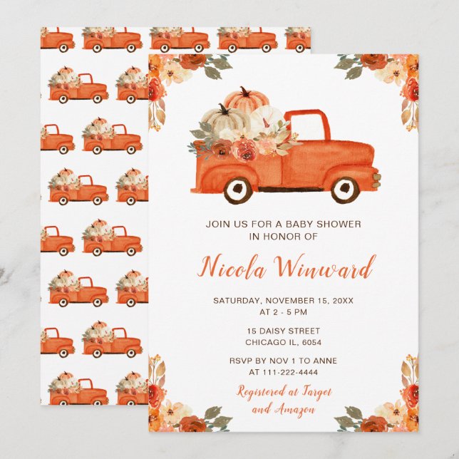 Orange Floral Pumpkin Truck Baby Shower Invitation (Front/Back)