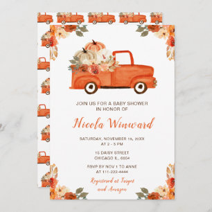Orange Floral Pumpkin Truck Baby Shower Invitation