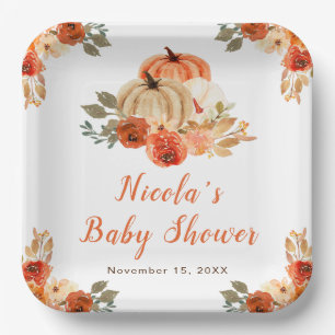 Orange Floral Pumpkins Baby Shower Paper Plates