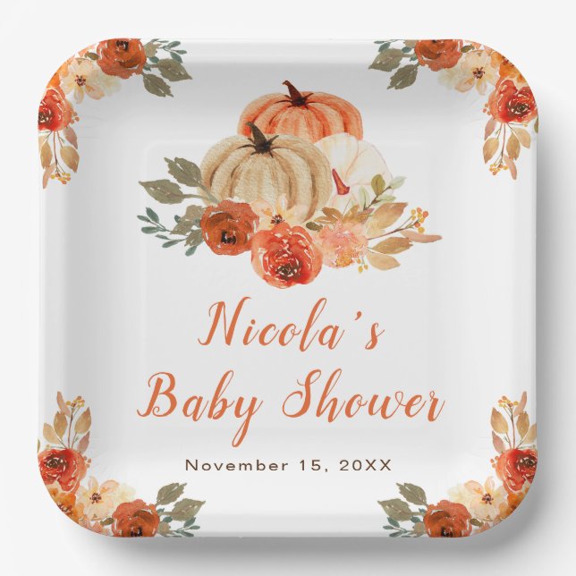 Orange Floral Pumpkins Baby Shower  Paper Plates (Front)