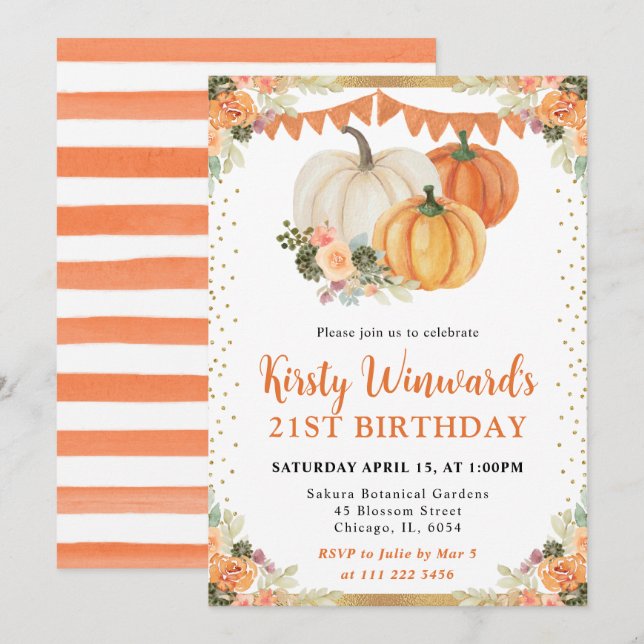 Orange Floral Pumpkins Fall 21st Birthday Invitation (Front/Back)