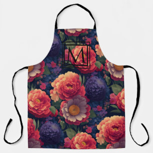 Orange floral purple flowers mum peony floral  apron
