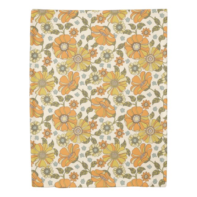 Orange Floral Retro 70s Pattern Duvet Cover (Front)