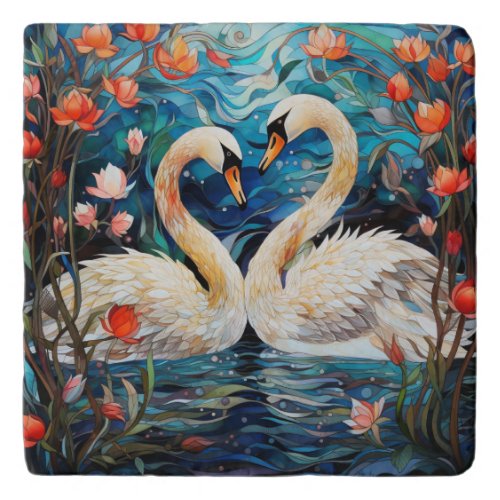 Orange Floral Romantic Swans Stained Glass Trivet