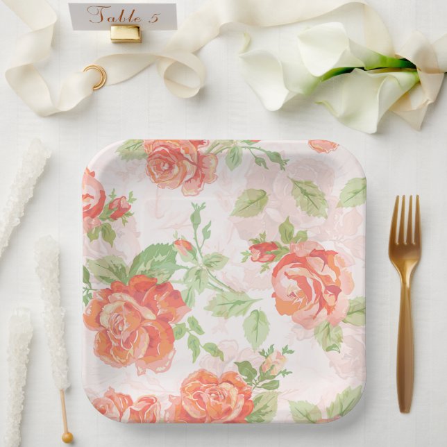 Orange floral rose Paper Plate (Wedding)