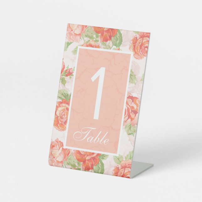 Orange floral rose wedding table number  sign (Front)