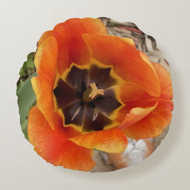 Orange Floral Round Throw Pillow (Front)