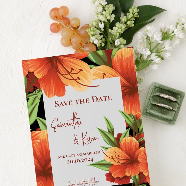 Orange Floral Rustic Boho Wedding Save The Date (Pretty Orange Floral Wedding Save The Date Invitation)