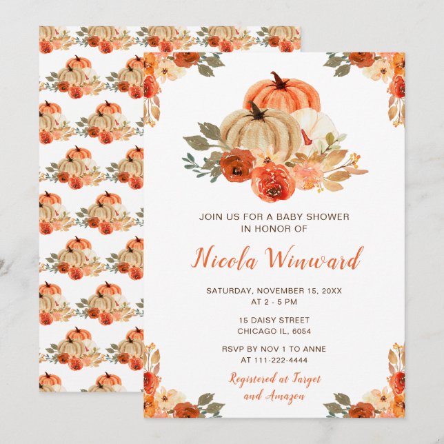 Orange Floral Rustic Pumpkins Baby Shower Invitation (Front/Back)
