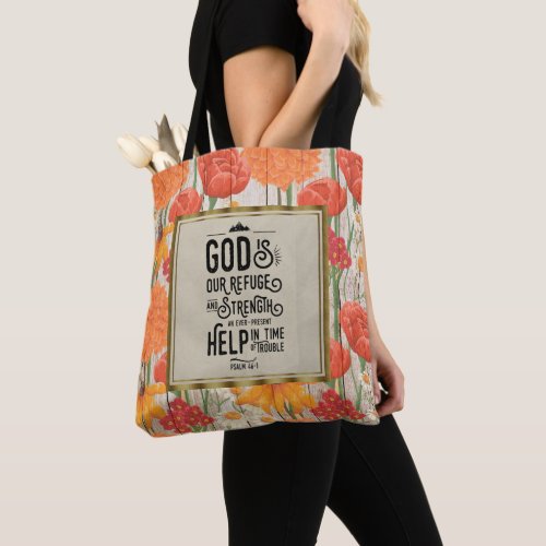 Orange Floral Rustic Wood Christian Bible Verse Tote Bag