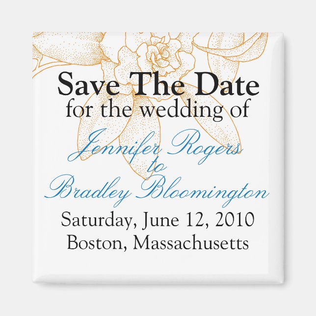 Orange Floral Save The Date Wedding Magnets Favors (Front)