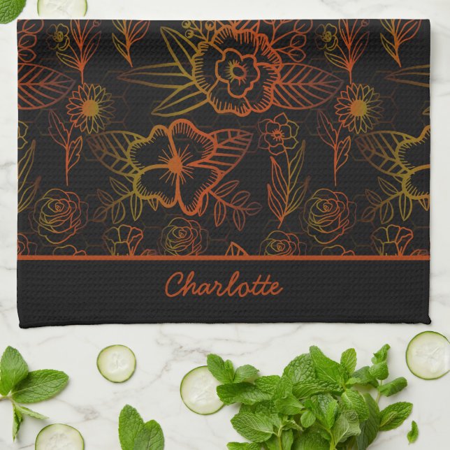 Orange floral seamless pattern personalized name  kitchen towel (Folded)