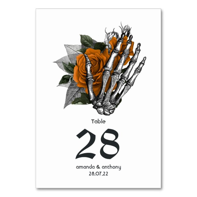 Orange Floral Skeleton Gothic Wedding Table Number (Front)