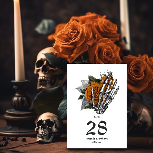 Orange Floral Skeleton Gothic Wedding Table Number