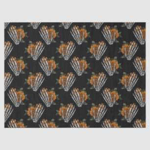 Orange Floral Skeleton Hands on Black Decoupage Tissue Paper