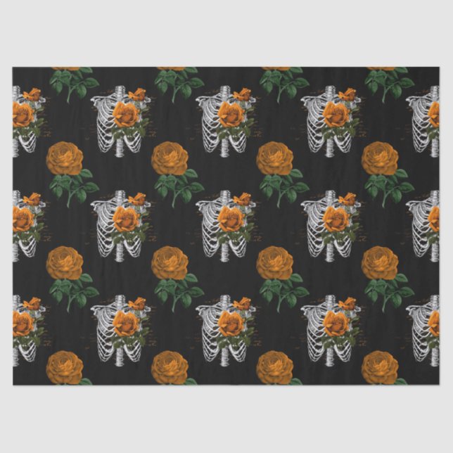 Orange Floral Skeleton Torsos on Black Decoupage Tissue Paper (Front)