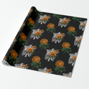 Orange Floral Skeleton Torsos on Black Wrapping Paper
