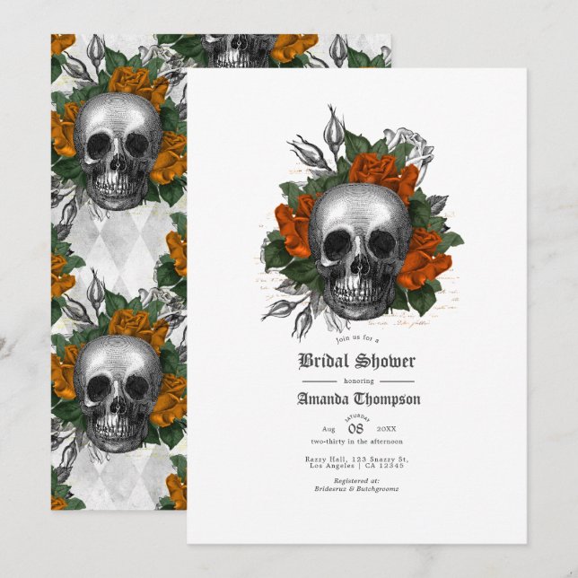 Orange Floral Skull Gothic Bridal Shower Invitation (Front/Back)