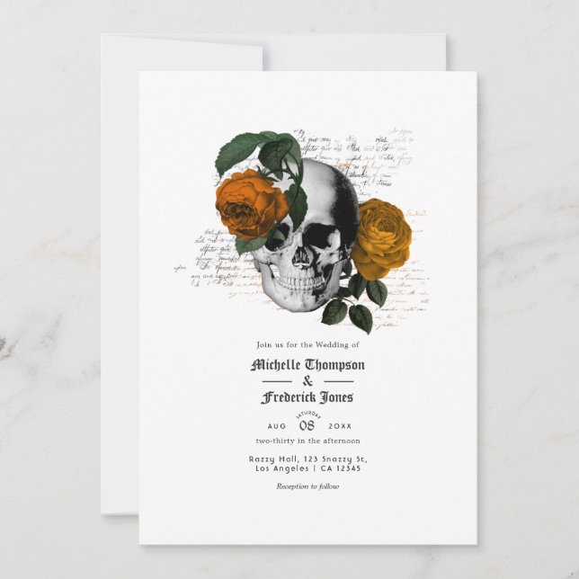 Orange Floral Skull Gothic Wedding Invitation (Front)