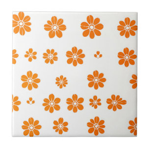 Orange Floral Stencil Pattern on White Background Ceramic Tile