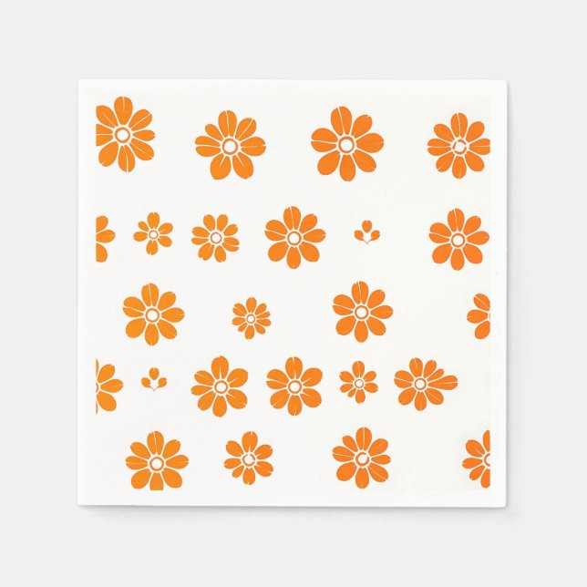 Orange Floral Stencil Pattern on White Background Napkins (Front)