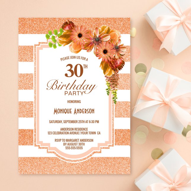 Orange Floral Striped 30th Birthday Party Invitation (Creator Uploaded)