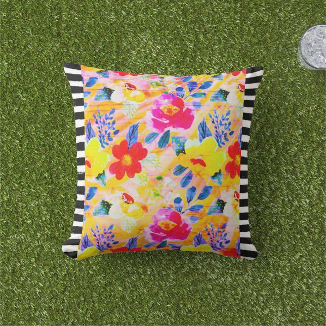Orange Floral Striped Throw Pillow (Grass)