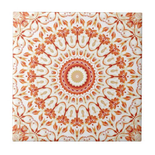 Orange Floral Sun Mandala Ceramic Tile