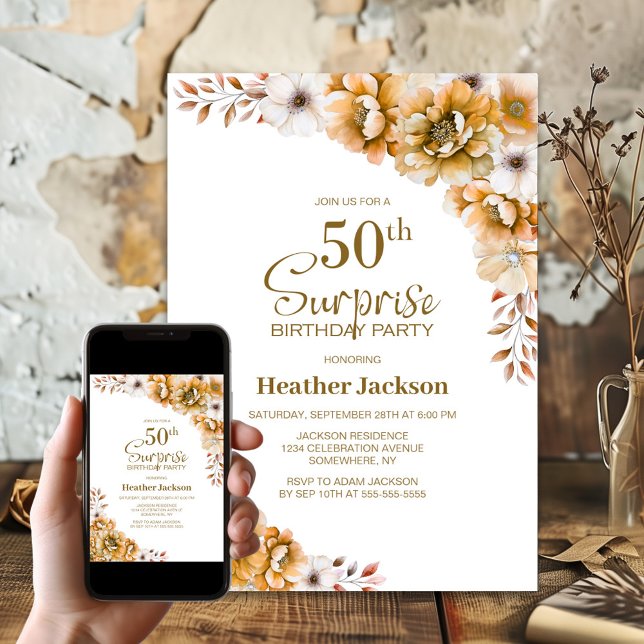 Orange Floral Surprise 50th Birthday Party Invitation (Creator Uploaded)