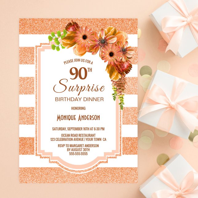 Orange Floral Surprise 90th Birthday Dinner Party Invitation (Creator Uploaded)