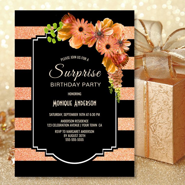 Orange Floral Surprise Birthday Party Invitation (Creator Uploaded)