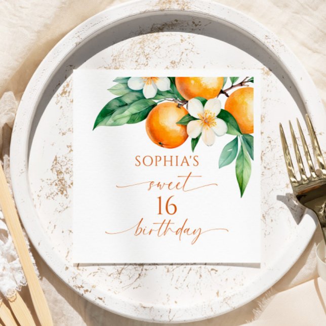 Orange Floral Sweet 16 Birthday Party Napkins (Creator Uploaded)