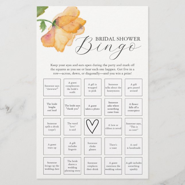 Orange Floral Theme Bridal Shower Bingo Flyer (Front)