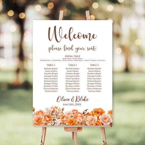 Orange Floral Three Table Wedding Seating Chart Foam Board