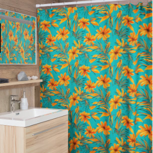 Orange Floral Tropical Pattern Turquoise Shower Curtain