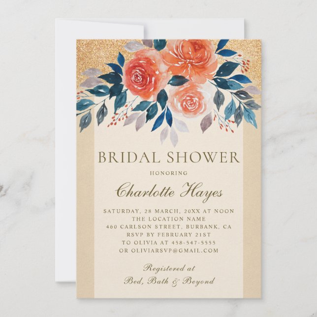Orange Floral Watercolor Elegant Bridal Shower Invitation (Front)