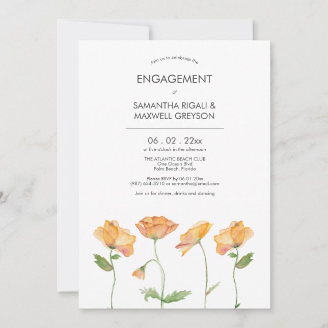 Orange Floral Watercolor Poppies Engagement Party Invitation (Front)